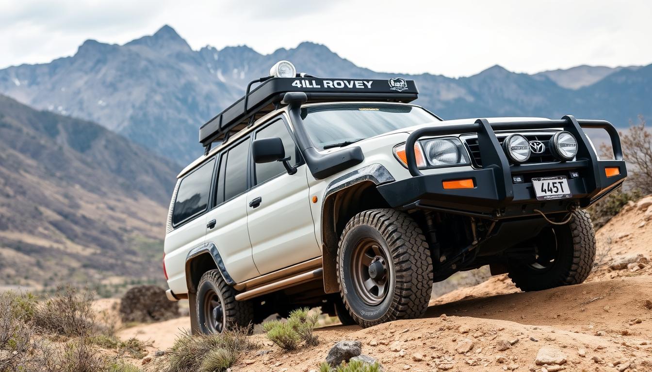 4WD vehicle equipped with essential accessories traversing challenging off-road terrain