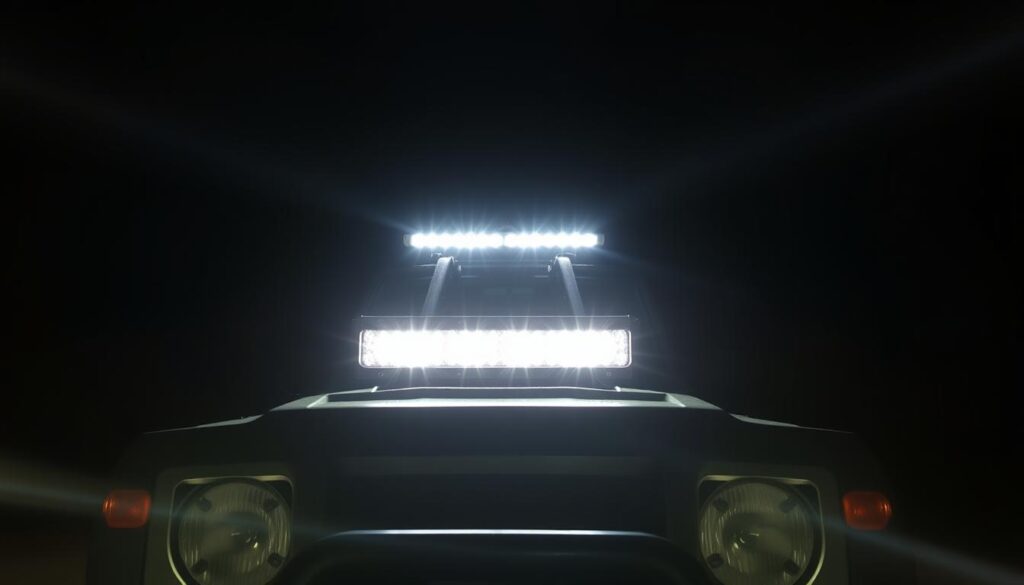 4WD vehicle with LED light bar and spotlights illuminating night trail 4WD vehicle with LED light bar and spotlights illuminating night trail