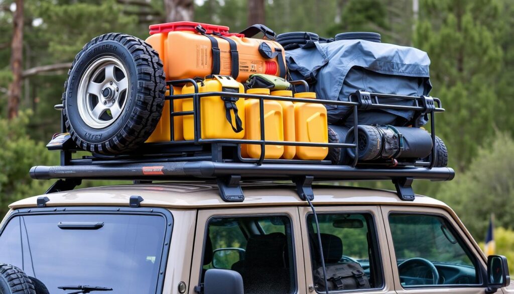 4WD vehicle with fully loaded roof rack system 4WD vehicle with fully loaded roof rack system