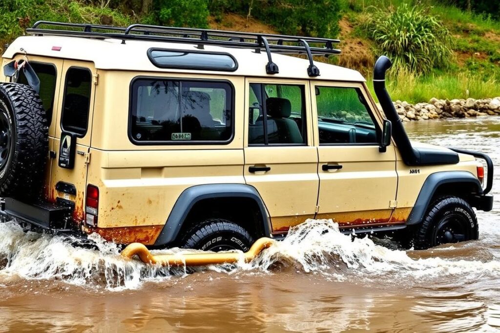 4WD vehicle with snorkel installed crossing a water obstacle 4WD vehicle with snorkel installed crossing a water obstacle