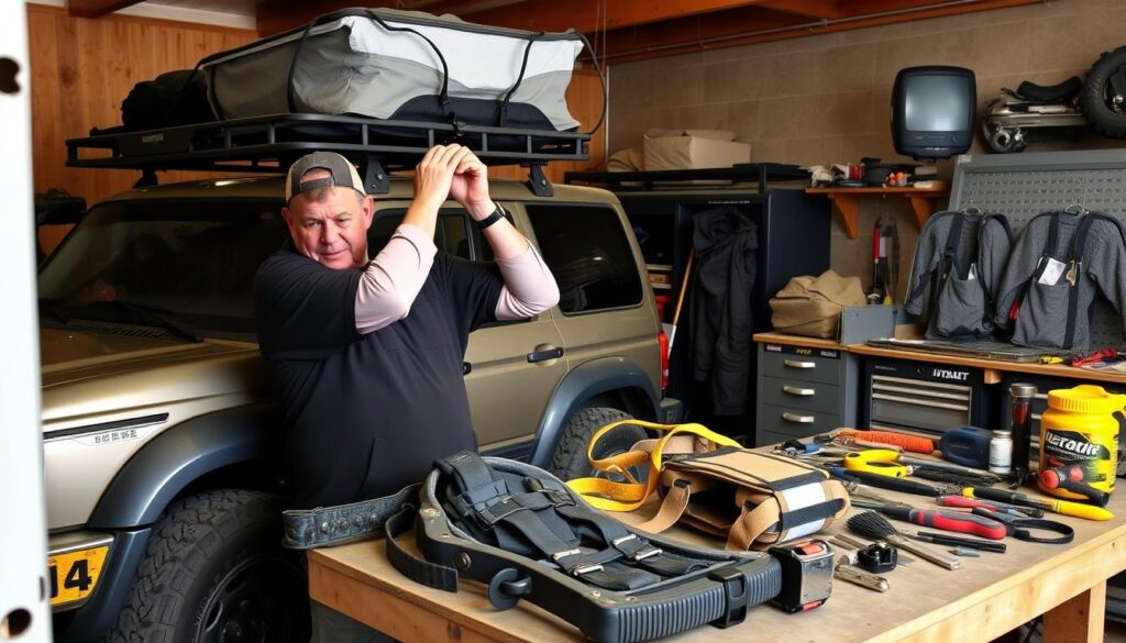 4x4 owner performing maintenance on vehicle accessories before an off-road trip