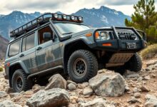 4x4 vehicle equipped with essential accessories traversing challenging off-road terrain