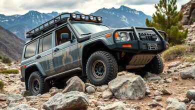 4x4 vehicle equipped with essential accessories traversing challenging off-road terrain