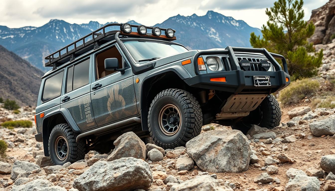 4x4 vehicle equipped with essential accessories traversing challenging off-road terrain