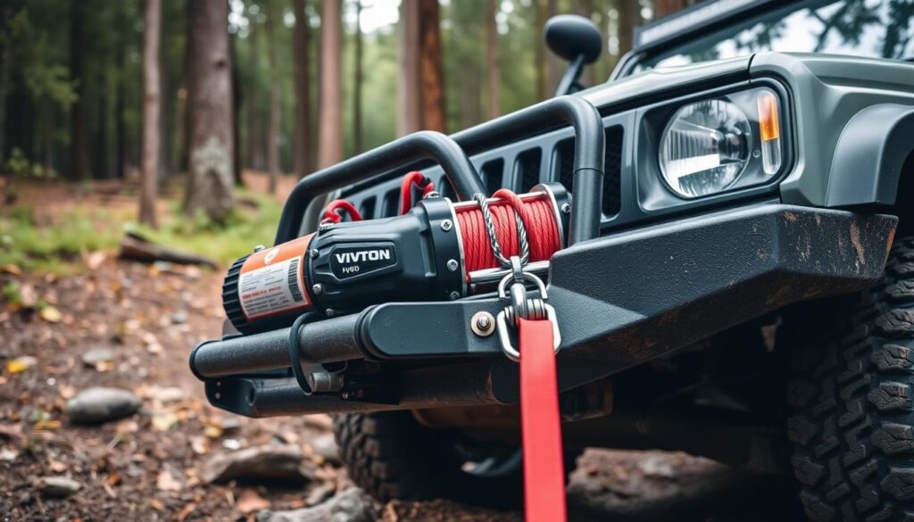 Electric winch mounted on a 4WD bull bar being used for vehicle recovery Electric winch mounted on a 4WD bull bar being used for vehicle recovery