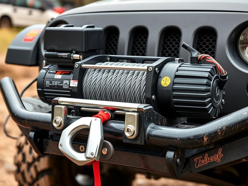 Electric winch with synthetic rope mounted on a bull bar for vehicle recovery