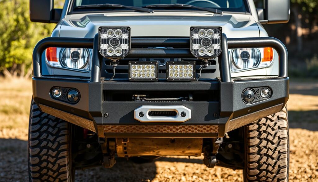 Heavy-duty bull bar installed on a 4WD vehicle Heavy-duty bull bar installed on a 4WD vehicle
