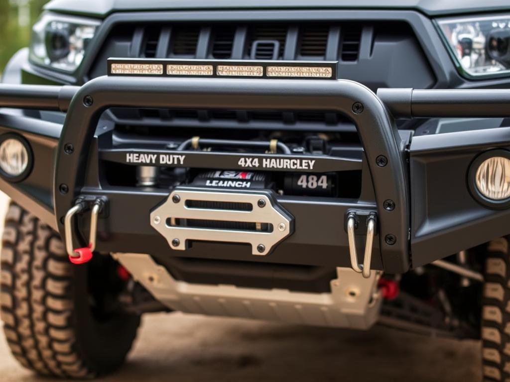 Heavy-duty bull bar installed on a 4x4 vehicle with integrated LED lights