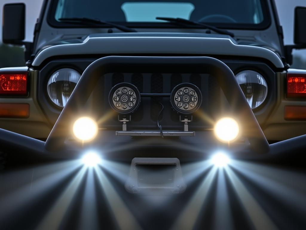 LED driving lights mounted on a bull bar providing long-distance illumination