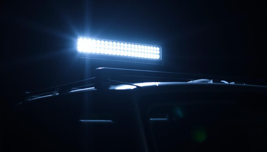 LED light bar mounted on a 4x4 roof rack illuminating a night trail