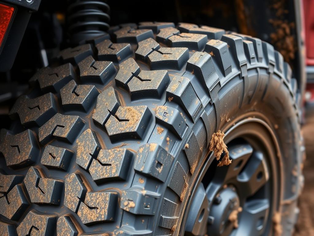 Mud-terrain tires on a 4x4 vehicle providing traction in challenging conditions