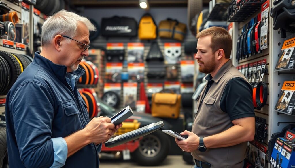 Person examining 4WD accessories in a specialized store Person examining 4WD accessories in a specialized store