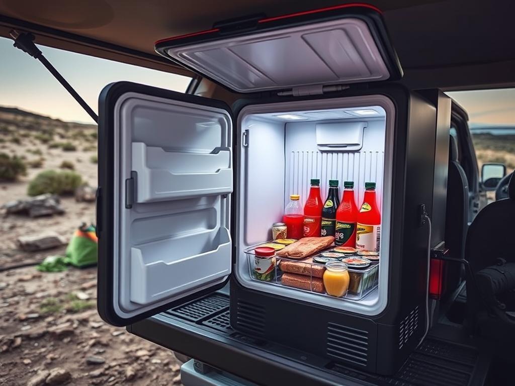 Portable 12V fridge/freezer in use at a remote campsite