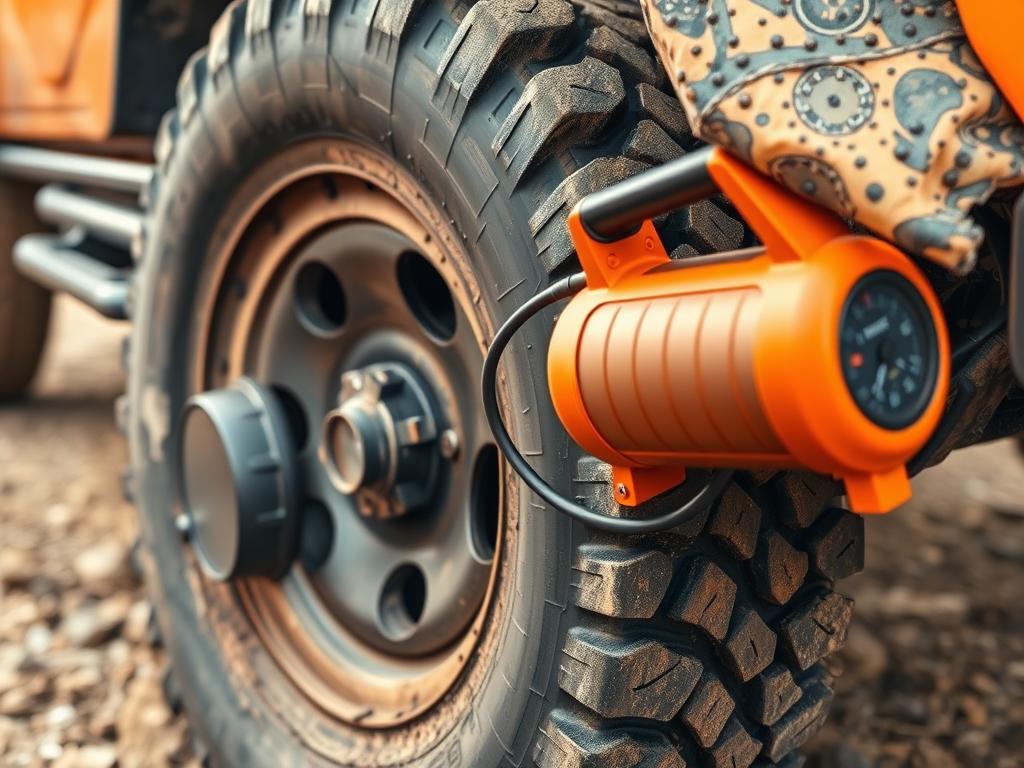 Portable air compressor being used to inflate 4x4 tires after off-road driving