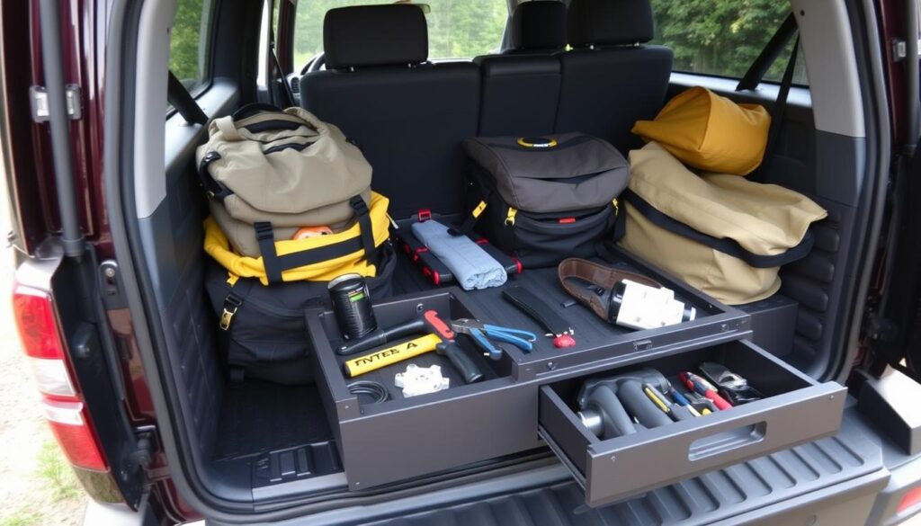 Rear cargo area of 4WD with installed drawer system Rear cargo area of 4WD with installed drawer system