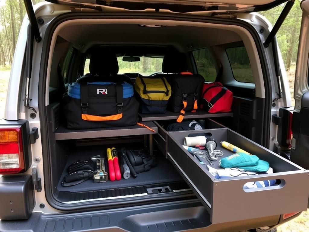 Rear drawer system installed in a 4x4 vehicle with organized gear