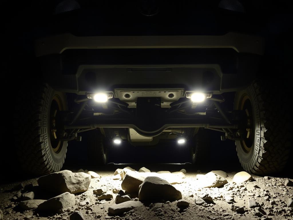 Rock lights illuminating the undercarriage of a 4x4 vehicle on a night trail