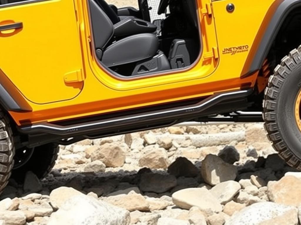 Rock sliders installed on a 4x4 vehicle protecting the door sills during off-road driving