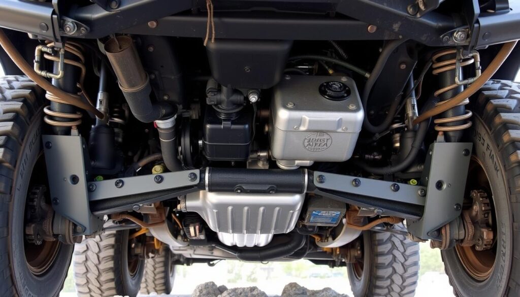Underbody bash plates installed on a 4WD vehicle Underbody bash plates installed on a 4WD vehicle