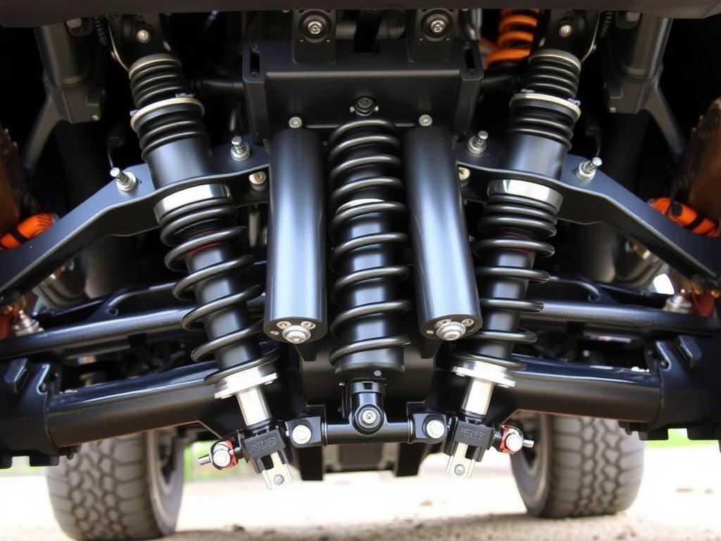 Upgraded off-road suspension system with heavy-duty shocks Upgraded off-road suspension system with heavy-duty shocks