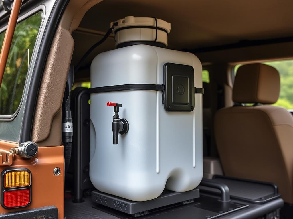 Water storage tank mounted on a 4x4 vehicle for remote camping